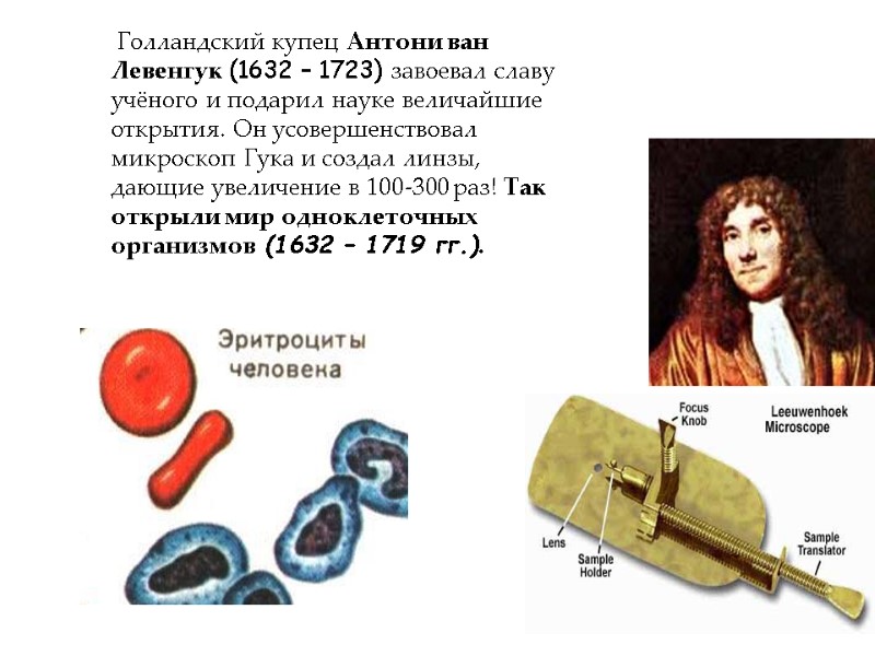 Голландский купец Антони ван Левенгук (1632 – 1723) завоевал славу учёного и подарил науке